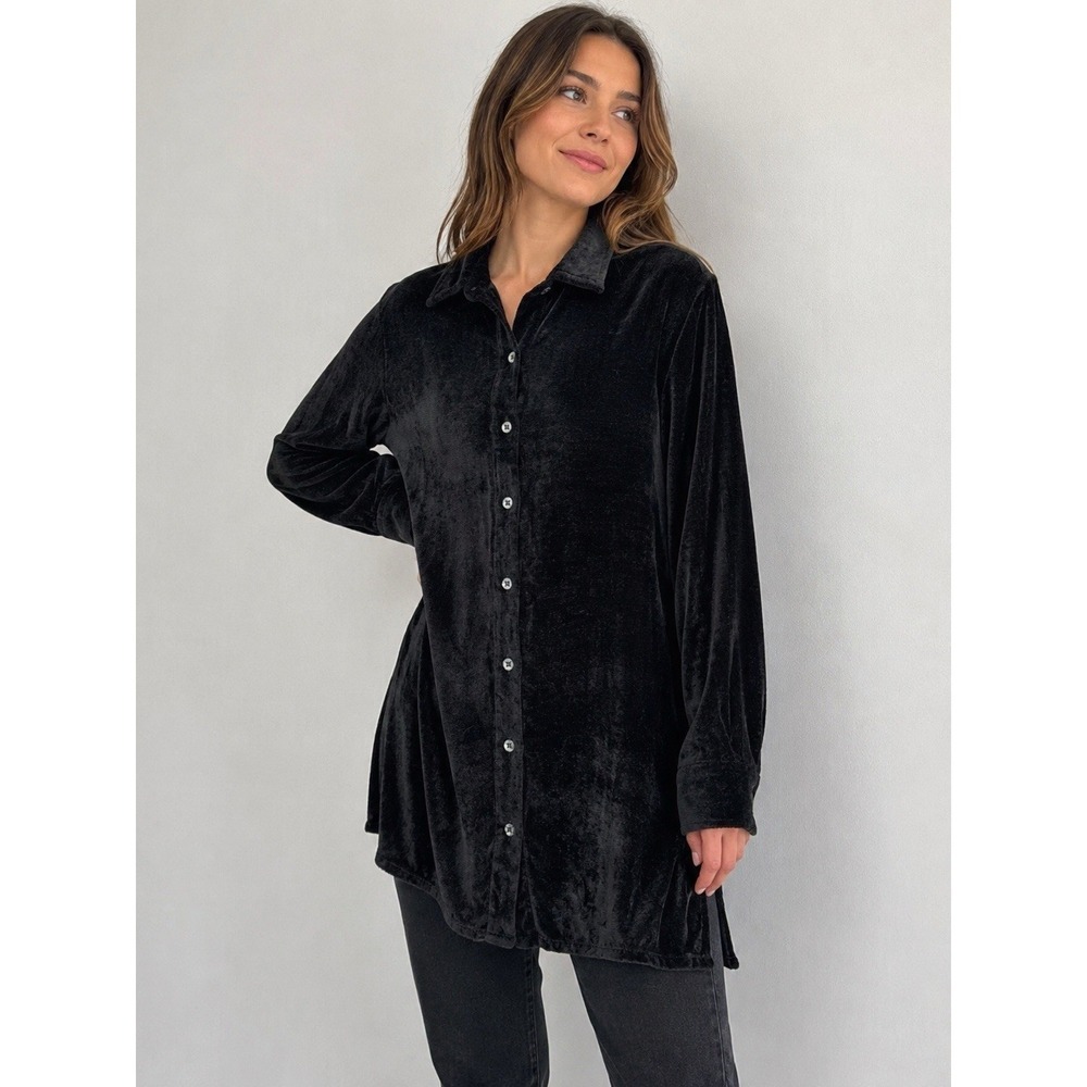 Vintage 90s Y2K Contempo Casuals Black Velvet Button Front Blouse M Grunge Chic